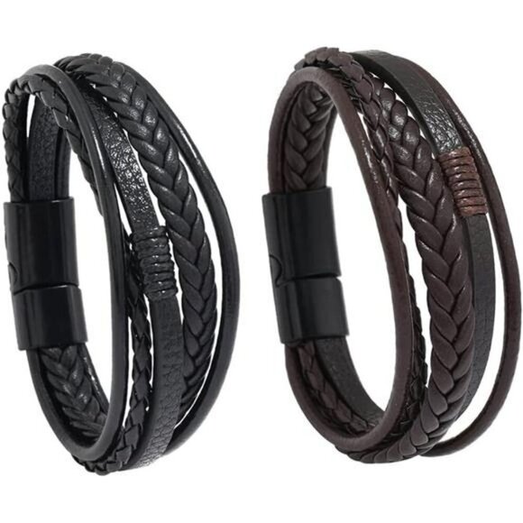 Mens Black Brown Leather Bracelet Multi Strand Braided Casual Wristband Gift - Picture 4 of 8